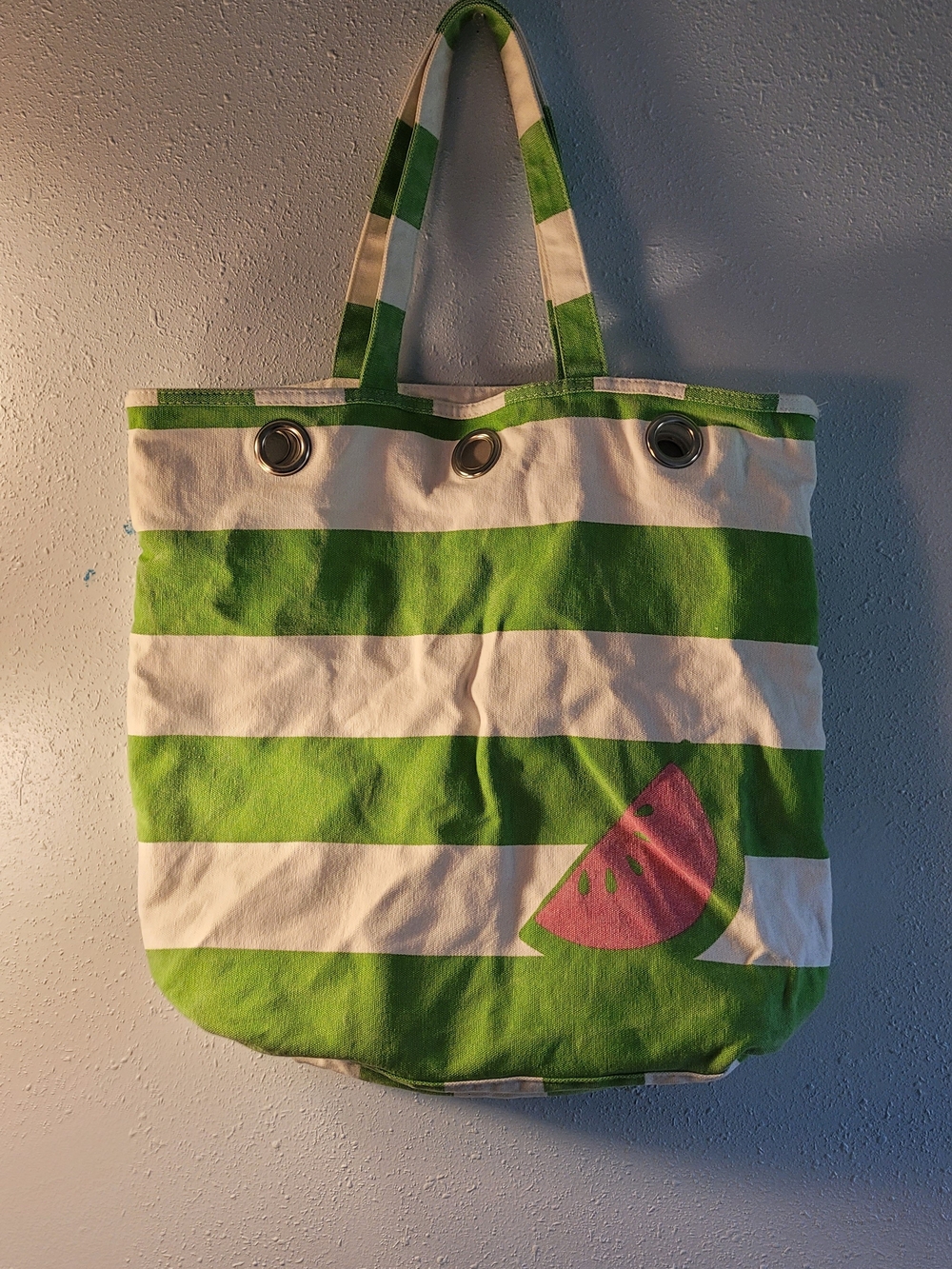 Barnes & Noble Green and White Striped Canvas Tote with Pink Watermelon Accent